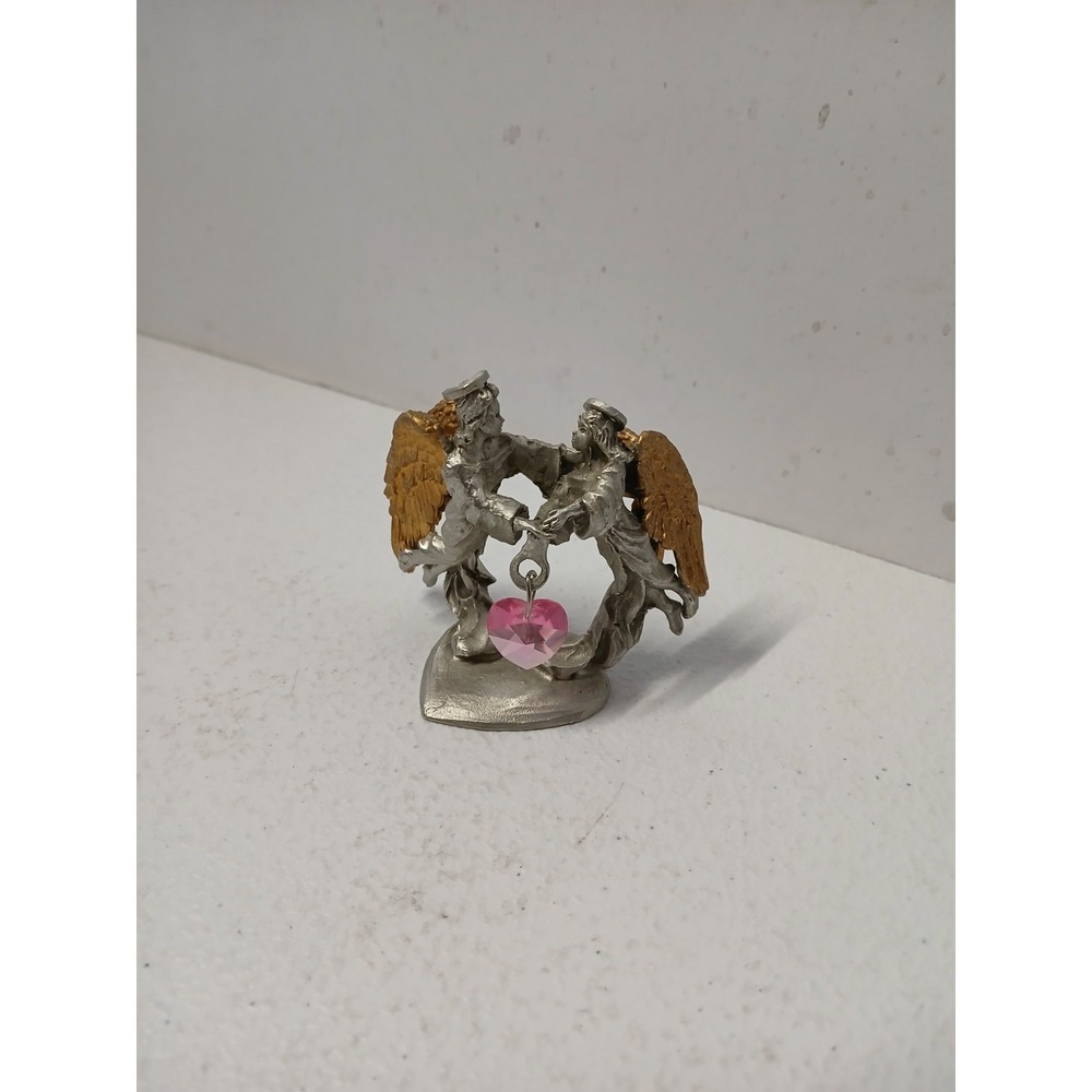 Vintage Comstock CCI 4464 Pewter Angels Gold Wings Pink Crystal Heart Figurine